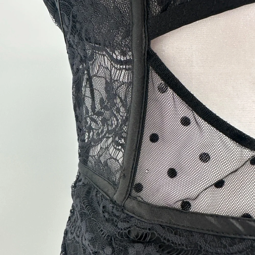 For Love & Lemons Black Lace Polka Dot Corset Sheer Ruched Mini Dress Womens L - Picture 9 of 11
